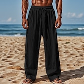 baratos Feriado-Homens Calças de linho Calças Calça verão Calças de praia Com Cordão Cintura elástica Perna reta Tecido Conforto Respirável Comprimento total Casual Diário Feriado Férias Moda Preto Branco