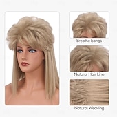 baratos Perucas Históricas-Peruca dos anos 80 com Franjas para Mulheres Peruca Mullet Disco Peruca Longa e Cacheada para Homens e Mulheres Cabelos para Carnaval e Halloween Resistentes ao Calor