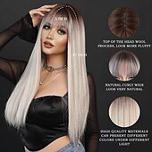 economico Parrucche trendy sintetiche-parrucca lunga e dritta con frangia parrucca parrucca sintetica resistente al calore con radici scure crea parrucche dall&#039;aspetto naturale per le donne parrucca da festa cosplay e per uso quotidiano