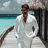 abordables Trajes de playa-De los hombres Boda boda en la playa Trajes de Lino Solapa de Muesca Blanco Ligeras Casual Color sólido Estándar Juego de 2 piezas Recto 2 botones