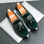 cheap Semi-Formal-Men&#039;s Black Patent Faux Leather Tassel Loafers – Velvet Accent Slip-On Dress Shoes for Wedding and Formal Wear