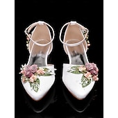 tanie Półformalny-damskie białe, kwiatowe, płaskie buty ślubne z paskiem przy kostce - eleganckie buty ślubne na śluby i ceremonie w ogrodzie
