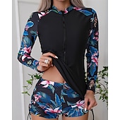 halpa Ihottumavartiot-Naisten Rashguard-uimapuku Kevyt Pitkähihainen Uima-asut Uimapuku 2-osainen Etuvetoketju Uinti Lainelautailu Hiekkaranta Vesiurheilu Kukat Tilkkutäkki Painettu Kesä Kevät Syksy