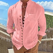 economico Vacanza-Per uomo Camicia camicia di lino Camicia Guayabera Camicia estiva Maglietta informale Camicia con bottoni Liscio Da mare Curise Nero Bianco Rosa Cachi Manica lunga A fascia Estate Primavera &amp; Autunno