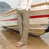 preiswerte Urlaub-Herren Leinenhosen Hose Sommerhose Strandhose Kordelzug Elastischer Bund Gerader Schnitt Einfach Komfort Atmungsaktiv Volle Länge Lässig Täglich Ferien Urlaub Mode Schwarz Weiß
