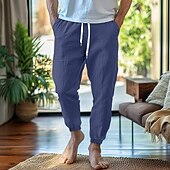 baratos Lar-Homens Calças de linho Calças Calça verão Cintura elástica Perna reta Ascensão alta Côr Sólida Conforto Respirável Comprimento total Casa Simples Casual Preto Branco Sem Elasticidade