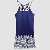 ieftine Rochie cu dungi și geometrică-Pentru femei Rochii Midi Rochie casual Rochie cu decolteu Elegant Modă Stilat Zilnic Plajă Vacanță Fit regulat Geometric Imprimeu Fără manșon Gâtul halter Roșu Vin Albastru Închis Vară Primăvară