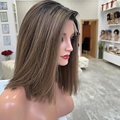 baratos Perucas de seda frontais de cabelo natural-Cabelo virgem não processado Fechamento 5x5 13x4 Lace Front Peruca Bob curto Cabelo Brasileiro Liso Multi Cores Peruca 130% 150% Densidade do Cabelo Cabelo Ombre Cabelo com Luzes / Reflexos Riscas