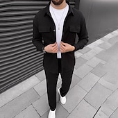 economico Set di camicie basic da uomo-Per uomo 2 pezzi Completo di camicia Set abbinati Maglietta informale Camicia di velluto a coste Camicia con bottoni Nero Marrone Verde Kaki Grigio Manica lunga Liscio Colletto Strada Giornaliero