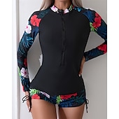 halpa Ihottumavartiot-Naisten Rashguard-uimapuku Kevyt Pitkähihainen Uima-asut Uimapuku 2-osainen Etuvetoketju Uinti Lainelautailu Hiekkaranta Vesiurheilu Kukat Tilkkutäkki Painettu Kesä Kevät Syksy