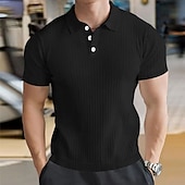 preiswerte Klassisches Poloshirt für Herren-Herren Rippenstrick-Top Muskelshirt Arbeit Lässig Klassisch Kurzarm Basic Modern Einfarbig Knöpfe Frühling &amp; Sommer Schmale Passform Schwarz Weiß Burgunderrot Hellgrau Khaki Rippenstrick-Top