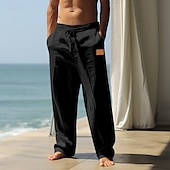 baratos Feriado-Homens Calças de linho Calças Calça verão Calças de praia Bolsos Com Cordão Cintura elástica Tecido Conforto Respirável Comprimento total Casual Diário Feriado Moda Estilo Clássico Preto Branco