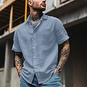 economico Strada-Cotone e lino Classico Per uomo Camicia camicia di lino Camicia estiva Camicia da spiaggia Camicia con bottoni Nero Bianco Blu Manica corta Liscio Collo ripiegabile Estate Da mare Per eventi