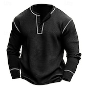 cheap Casual Henley Tee-Men&#039;s Waffle Tee T Shirt Waffle Henley Shirt Tee Top Long Sleeve Solid Color Daily Casual Street Style Buttons Color Block Crewneck Henley Outdoor Street Causal Spring &amp;  Fall Black Green Henley