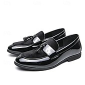 cheap Semi-Formal-Men&#039;s Black Patent Faux Leather Tassel Loafers – Velvet Accent Slip-On Dress Shoes for Wedding and Formal Wear