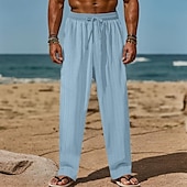 baratos Feriado-Homens Calças de linho Calças Calça verão Calças de praia Com Cordão Cintura elástica Perna reta Tecido Conforto Respirável Comprimento total Diário Feriado Praia Férias Moda Preto Branco