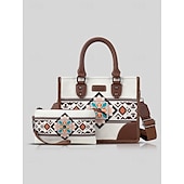 cheap Handbag &amp; Totes-Women&#039;s Canvas and Faux Leather Handbag Set with Ethnic Embroidery, Bohemian Style Tote Bag and Matching Clutch, Perfect for Travel and Everyday Use Black White Brown