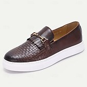 cheap Premium Leather Loafers-Men's Premium Cowhide Slip-On Sneakers with Woven Leather Design, Tassel and Gold Chain Detail, Casual and Stylish for Everyday Wear