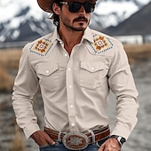 economico camicie western da uomo-Per uomo Etnico Camicia occidentale Camicia da cowboy Manica lunga Occidentale Informale Primavera Autunno Collo ripiegabile Abbottonare Beige