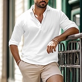 economico Strada-Per uomo Camicia camicia di lino Camicia estiva Abbigliamento mare Liscio Da mare Informale Bianco Cachi Grigio chiaro Azzurro Manica lunga Bavero Primavera estate Abbigliamento