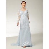 preiswerte Bodenlänge-Meerjungfrau/Trompete Strandhochzeit Mutter der Braut Kleid elegant V-Ausschnitt Sweep/Pinselschleppe Spitze Tüll lange Ärmel mit Applikationen 2025