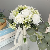 abordables Plantas y Flores Artificiales-Ramos de novia para boda, ramo de novia de flores artificiales de seda de eucalipto y rosa con aliento de bebé, flores artificiales estilo bosque para accesorios de fotografía de boda al aire libre