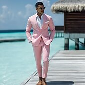 abordables Maillots de plage-Costumes en lin pour mariage à la plage pour hommes rose été couleur unie ajustement standard deux pièces à simple boutonnage deux boutons