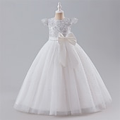 preiswerte Kleider für die Blumenmädchen-kinderkleidung Mädchen Blumenmädchen Kleid Party Kleid Farbblock Ärmellos Leistung Hochzeit Party Krawattenknoten Schön Süß Polyester Maxi abendkleider Schaukelkleid A Linie Kleid Sommer 4 Jahre +