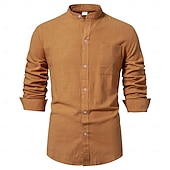 economico Classico-Per uomo Camicia camicia di lino Camicia con colletto a fascia Camicia estiva Camicia da spiaggia Liscio Da mare Informale Bianco Blu marino scuro Blu Marrone Manica lunga A fascia Primavera estate