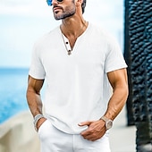 cheap Casual Henley Tee-Men&#039;s Henley Shirt Tee Top Short Sleeves Plain Fashion Designer Basic Buttons V Neck V Neck Vacation Street Going out Summer Black White Light Blue Henley T-Shirt