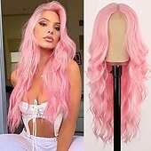 economico Parrucche trendy sintetiche-parrucca per donna lunga ondulata parrucca in pizzo attaccatura dei capelli parte centrale parrucca sintetica resistente al calore per festa quotidiana