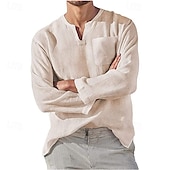 billiga Business Casual-Herr Skjorta linneskjorta Casual skjorta Slät Semester Hawaiisk Svart Vit Grön Aprikos Långärmad V-hals Vår &amp; Höst Kläder Ficka