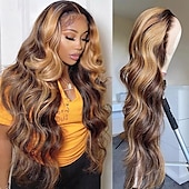 preiswerte Echthaarperücken mit Stirn-Spitzenkappe-Remy Menschenhaar 13x4 Spitzenfront Perücke Freier Teil Brasilianisches Haar Große Wellen Schwarz Mehrfarbig Perücke 180% Haardichte mit Babyhaar Leimlos Vorgerupft Für Perücken für schwarze Frauen