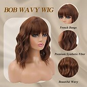 cheap Synthetic Trendy Wigs-Brown Wig with Bangs Short Wavy Wigs for Women Auburn Brown Curly Shoulder Length Bob Wig Synthetic fiber Wigs for Daily Party Use 14 Inch