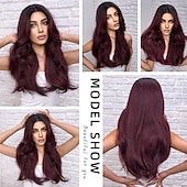 economico Parrucche trendy sintetiche-parrucche lunghe ondulate per donne riga in mezzo radici scure estremità dei capelli parrucca ondulata frontale naturale stratificata capelli sintetici ricci per halloween natale festa cosplay