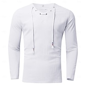 ieftine Tricouri din bumbac și in-Bărbați Cămașă de in Tricouri Tricou cu maneca lunga Manșon Lung În V Primăvara &amp; toamnă Culoare solidă Casual Cu Șiret Vacanță homewear Alb Top tricou pentru bărbați
