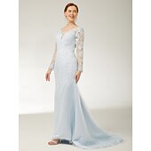 preiswerte Bodenlänge-Meerjungfrau/Trompete Strandhochzeit Mutter der Braut Kleid elegant V-Ausschnitt Sweep/Pinselschleppe Spitze Tüll lange Ärmel mit Applikationen 2025