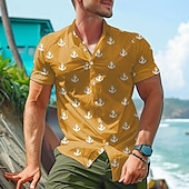 levne Ocean Print-Pánské Kotva Košile pro volný čas Havajská košile Aloha košile Krátký rukáv Havajské Na běžné nošení Letovisko Dovolená Ležérní Léto Jaro Přehnutý Tlačítko nahoru Žlutá Vodní modrá Nebeská modř