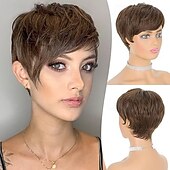 baratos Perucas Sintéticas sem Touca-pixie cut perucas sintéticas curtas pixie corte de cabelo peruca com franja peruca em camadas sem cola perucas onduladas para mulheres