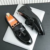 cheap Semi-Formal-Men&#039;s Black Patent Faux Leather Tassel Loafers – Velvet Accent Slip-On Dress Shoes for Wedding and Formal Wear