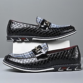levne Pánské nazouváky a mokasíny-pánské černé lakované mokasíny s prošívaným vzorem a kostkovanými detaily – stylové slip-on společenské boty pro formální události, podnikání a večírky
