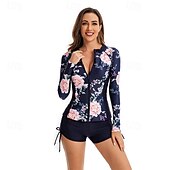 abordables Lycra de surf-Femme Anti UV Maillot de bain Protection solaire UV UPF50+ Poids Léger manche longue Spandex Maillots de Bain Maillot de bain 2 Pièces Zip sur le devant Natation Surf Plage Sports nautiques Floral