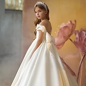 cheap Flower Girl&#039;s Dresses-Flower Girl Dress Girls&#039; First Communion Dress Party Dress Performance Wedding Party Princess Sweet Mesh Solid Color Sleeveless Off Shoulder Ivory kids