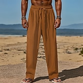 baratos Feriado-Homens Calças de linho Calças Calça verão Calças de praia Com Cordão Cintura elástica Perna reta Tecido Conforto Respirável Comprimento total Diário Feriado Praia Férias Moda Preto Branco