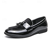 cheap Semi-Formal-Men&#039;s Black Patent Faux Leather Tassel Loafers – Velvet Accent Slip-On Dress Shoes for Wedding and Formal Wear