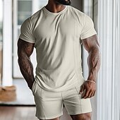 cheap Men's Basic Tees sets-Men's Waffle Shirt 2 Piece T-shirt Suits Tee Short Sleeve Short Pant Crew Neck Spring &amp; Summer Plain Fashion Designer Basic 2 Piece Vacation Street Going out Black White Gray Top Tee for Men