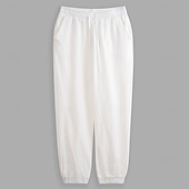 baratos Lar-Homens Calças de linho Calças Calça verão Cintura elástica Perna reta Ascensão alta Côr Sólida Conforto Respirável Comprimento total Casa Simples Casual Preto Branco Sem Elasticidade