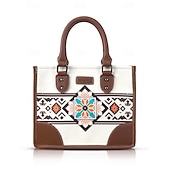 cheap Handbag &amp; Totes-Women&#039;s Canvas and Faux Leather Handbag Set with Ethnic Embroidery, Bohemian Style Tote Bag and Matching Clutch, Perfect for Travel and Everyday Use Black White Brown