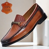 cheap Premium Leather Loafers-Stylish Brown Leather Loafers with Woven Detail and Metal Bit for Men | Perfect for Casual and Business Casual