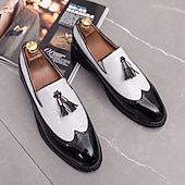 billiga Halvformell-Herrloafers i svart och vitt i lackkonstläder – krokodilpräglade tofsar med grov sula för Gatsby-fest, bröllop, bal, elegant nattliv
